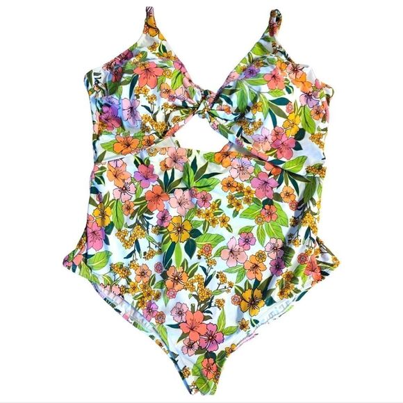 Time & Tru White Floral Front Cutout One Piece Swimsuit Plussize 3X - Picture 2 of 16